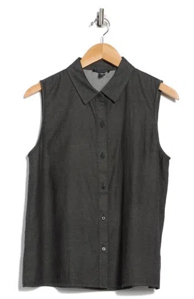 Eileen Fisher Sleeveless Organic Cotton Button-up Shirt In Black