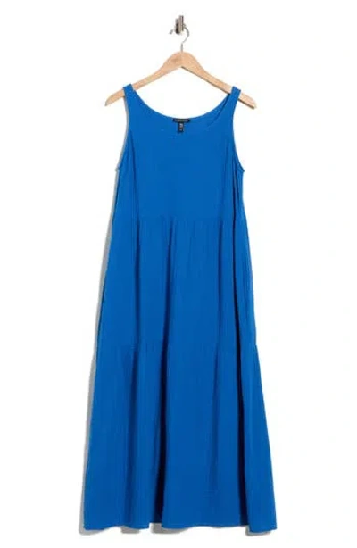 Eileen Fisher Sleeveless Organic Cotton Gauze Tiered Maxi Dress In Blue