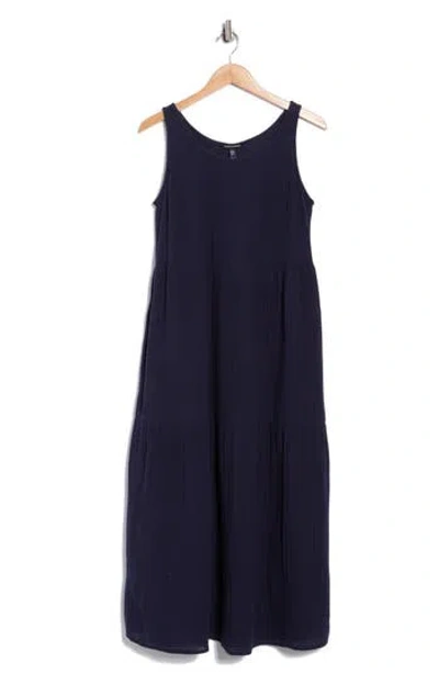 Eileen Fisher Sleeveless Organic Cotton Gauze Tiered Maxi Dress In Blue