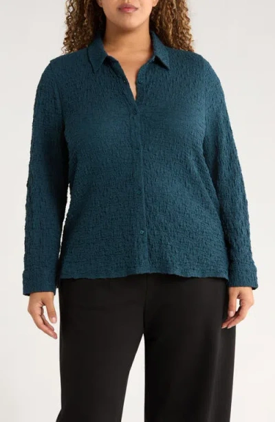 Eileen Fisher Slim Organic Cotton Blend Knit Button-up Shirt In Blue