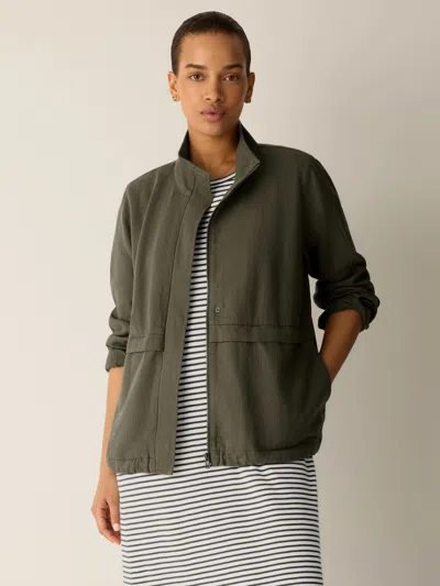 Eileen Fisher Slubby Organic Cotton Linen High Collar Jacket In Chalk