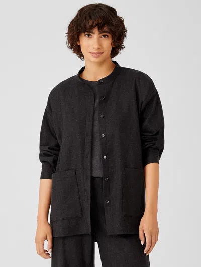 Eileen Fisher Soft Wool Flannel Mandarin Collar Shirt In Black