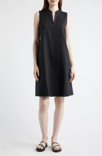 Eileen Fisher Split Collar Organic Linen A-line Dress In Black
