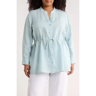 Eileen Fisher Split Neck Organic Linen Long Drawstring Shirt In Blue