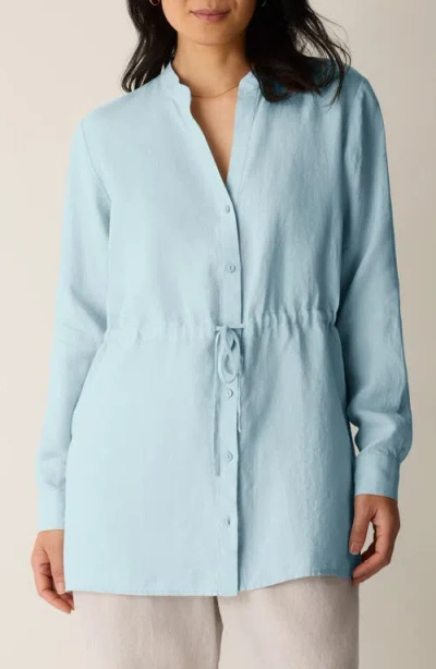 Eileen Fisher Split Neck Organic Linen Long Drawstring Shirt In Blue