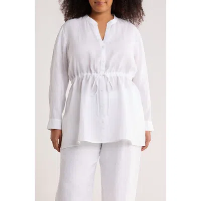 Eileen Fisher Split Neck Organic Linen Long Drawstring Shirt In White
