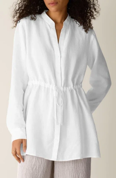 Eileen Fisher Split Neck Organic Linen Long Drawstring Shirt In White