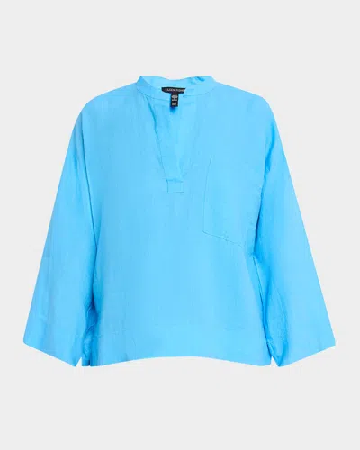 Eileen Fisher Split-neck Organic Linen Shirt In Azure