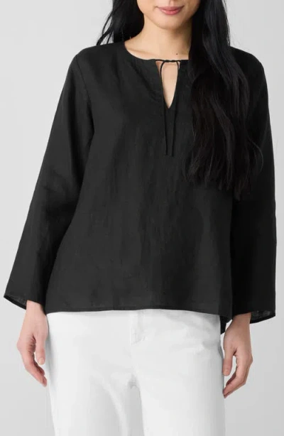 Eileen Fisher Split Neck Organic Linen Top In Black