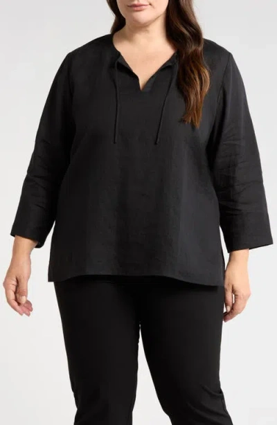 Eileen Fisher Split Neck Organic Linen Top In Black