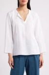 Eileen Fisher Split Neck Organic Linen Top In White