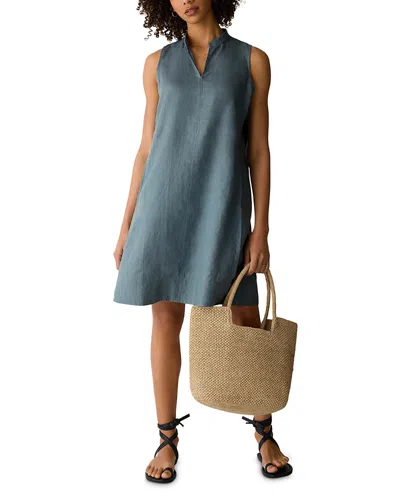 Eileen Fisher Split V Neck Linen Dress In Green