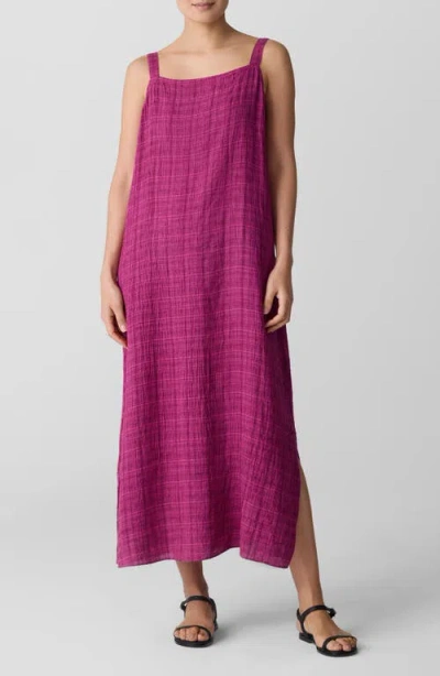 Eileen Fisher Puckered Organic Linen Plaid Square Neck Dress In Pink