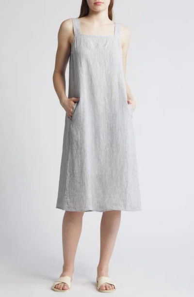 Eileen Fisher Square Neck Organic Linen Midi Shift Dress In White/ Black