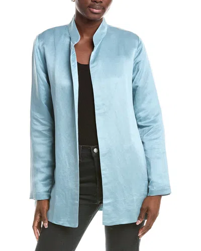 Eileen Fisher Stand Collar Linen & Silk-blend Long Jacket In Blue