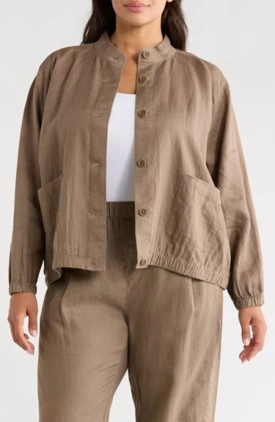 Eileen Fisher Stand Collar Linen Jacket In Brown
