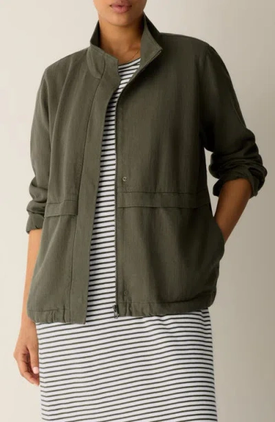 Eileen Fisher Stand Collar Organic Cotton & Organic Linen Zip Jacket In Green