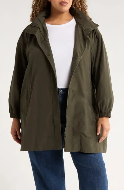 Eileen Fisher Stand Collar Organic Cotton & Recycled Nylon Long Coat In Green