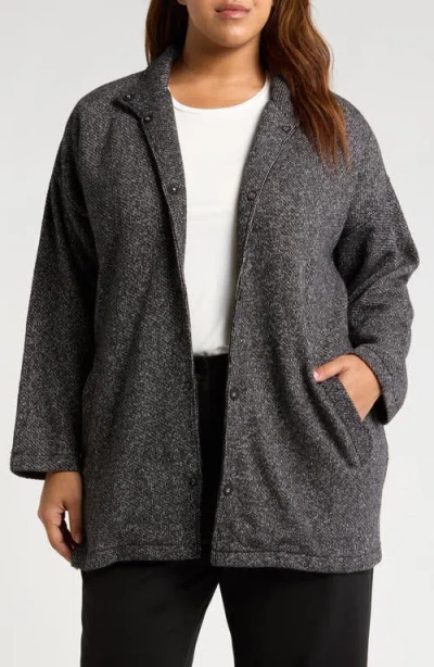 Eileen Fisher Stand Collar Organic Cotton Long Jacket In Black/ White