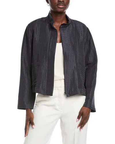 Eileen Fisher Stand Collar Silk & Linen-blend Jacket In Blue
