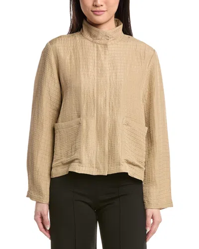 Eileen Fisher Stand Collar Silk & Linen-blend Jacket In Brown