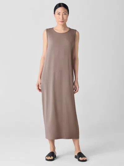 Eileen Fisher Stretch Jersey Knit Round Neck Dress In Brown