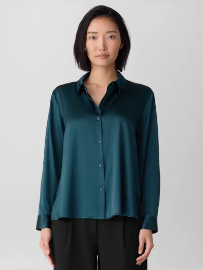Eileen Fisher Stretch Silk Charmeuse Classic Collar Shirt In Green
