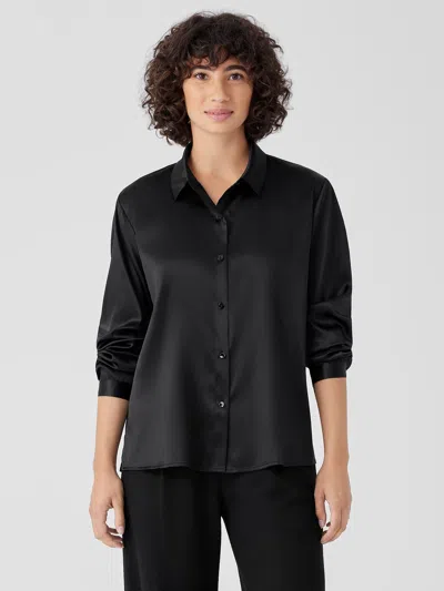 Eileen Fisher Stretch Silk Charmeuse Classic Collar Shirt In Black