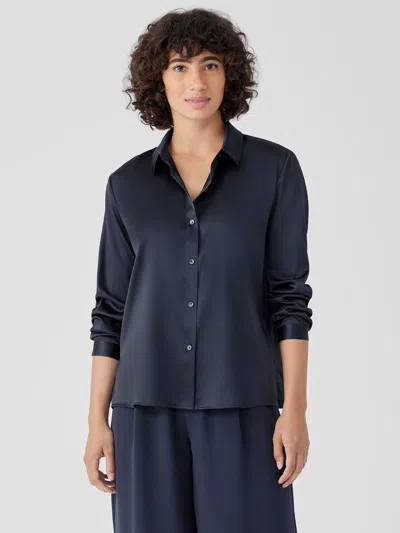 Eileen Fisher Stretch Silk Charmeuse Classic Collar Shirt In Blue