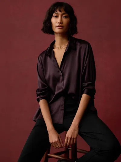 Eileen Fisher Stretch Silk Charmeuse Classic Collar Shirt In Brown