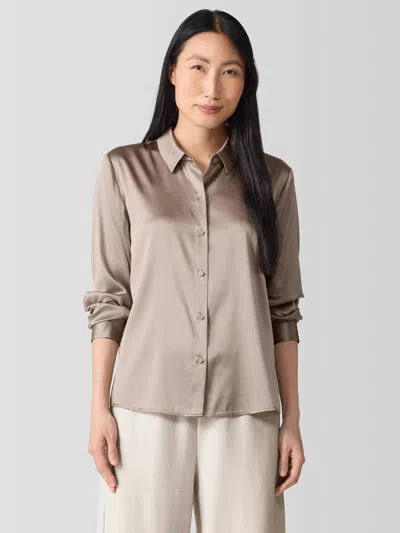 Eileen Fisher Stretch Silk Charmeuse Classic Collar Shirt In Neutral