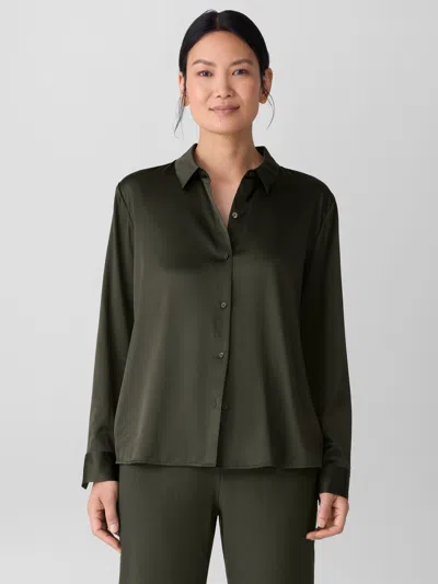 Eileen Fisher Stretch Silk Charmeuse Classic Collar Shirt In Green