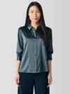 Eileen Fisher Stretch Silk Charmeuse Classic Collar Shirt In Green