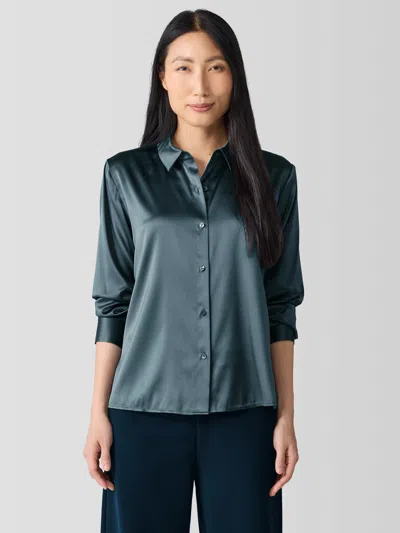 Eileen Fisher Stretch Silk Charmeuse Classic Collar Shirt In Green