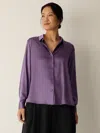 Eileen Fisher Stretch Silk Charmeuse Classic Collar Shirt In Purple