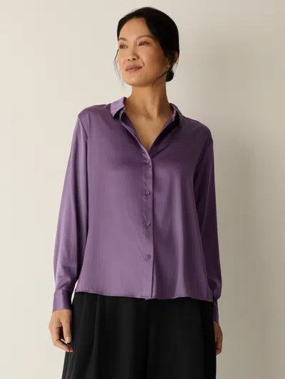 Eileen Fisher Stretch Silk Charmeuse Classic Collar Shirt In Purple