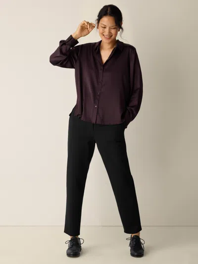 Eileen Fisher Stretch Silk Charmeuse Classic Collar Shirt In Black