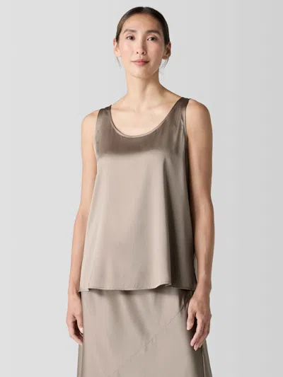 Eileen Fisher Stretch Silk Charmeuse Scoop Neck Tank In Brown