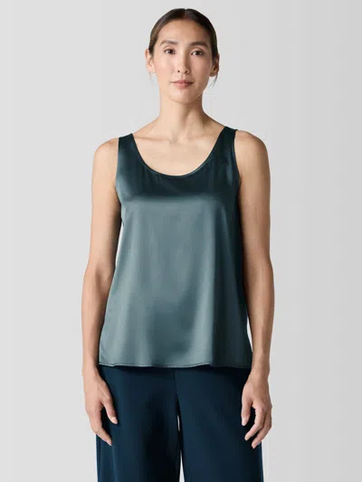 Eileen Fisher Stretch Silk Charmeuse Scoop Neck Tank In Green