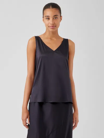 Eileen Fisher Stretch Silk Charmeuse V-neck Tank In Black