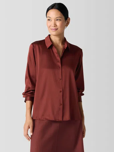 Eileen Fisher Stretch Silk Charmeuse Classic Collar Shirt In Brown