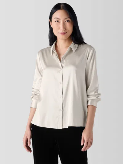 Eileen Fisher Stretch Silk Charmeuse Classic Collar Shirt In Brown