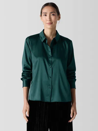 Eileen Fisher Stretch Silk Charmeuse Classic Collar Shirt In Green