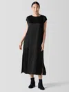 Eileen Fisher Striated Silk Satin Bateau Neck Dress In Black