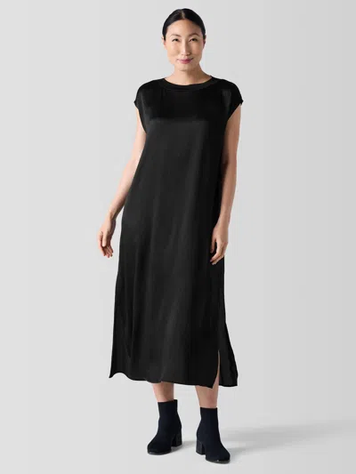 Eileen Fisher Striated Silk Satin Bateau Neck Dress In Black