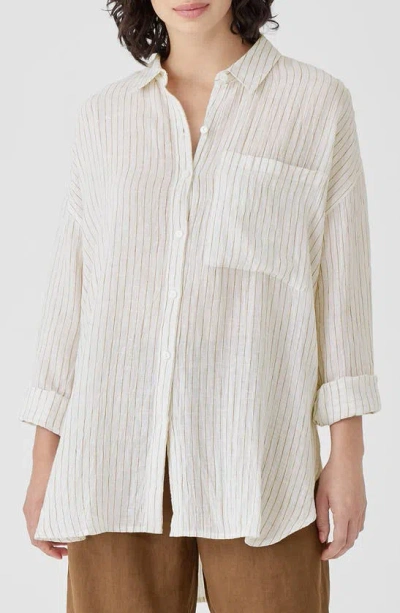 Eileen Fisher Stripe Classic Collar Organic Linen Button-up Shirt In White/ Bronze