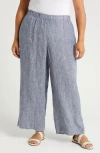 Eileen Fisher Stripe Crop Organic Linen Wide Leg Pants In Blue