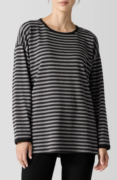 Eileen Fisher Stripe Long Sleeve Crewneck Top In Black
