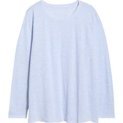 Eileen Fisher Stripe Long Sleeve Organic Linen T-shirt In Blue