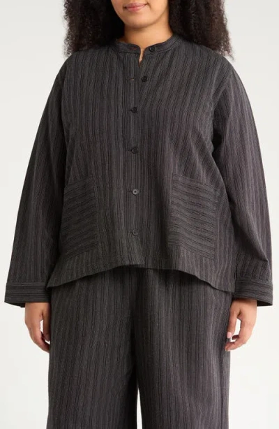 Eileen Fisher Stripe Mandarin Collar Shirt Jacket In Gray